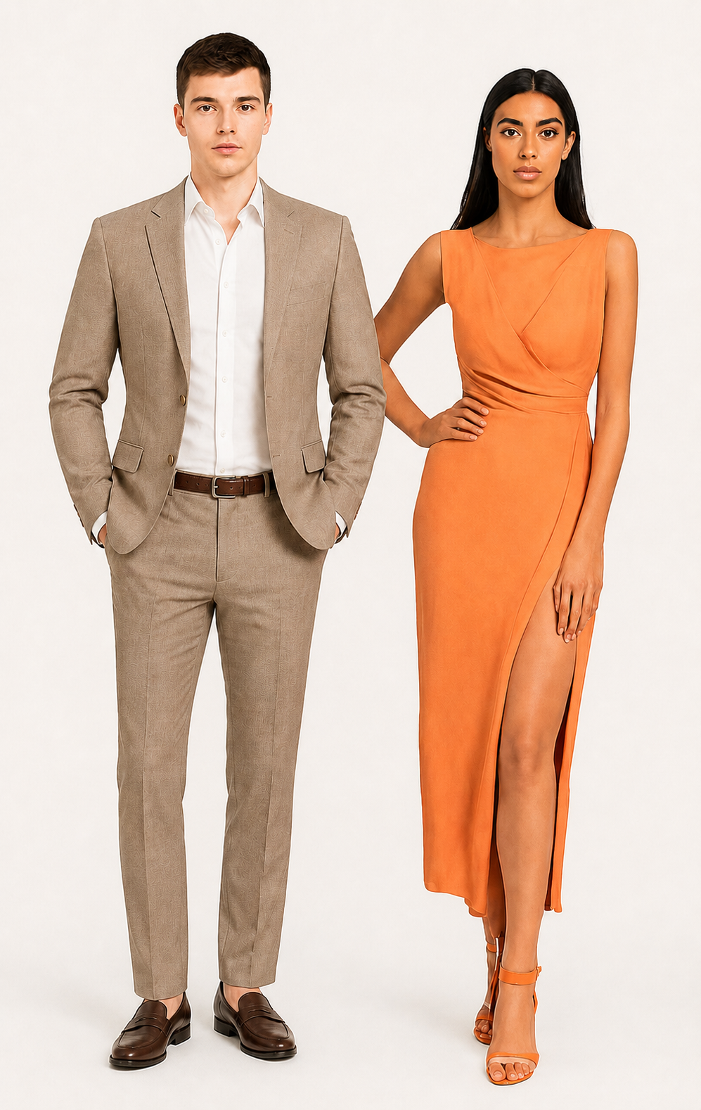 Beispiel-Outfits für den Dresscode: heller Anzug und elegantes Kleid